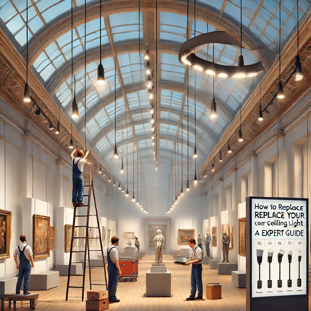 DALL·E 2024-06-13 09.14.36 - A realistic illustration for an article titled 'How to Replace Your Ceiling Light with an LED Fixture_ An Expert Guide.' The scene is set inside a mus.webp